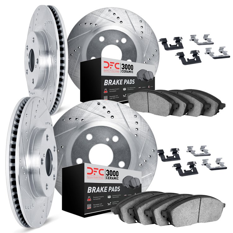 7314-13029 Drilled/Slotted Brake Rotor with 3000-Series Ceramic Brake Pads Kit & Hardware [Silver], 2003-2004 Subaru, Position: 