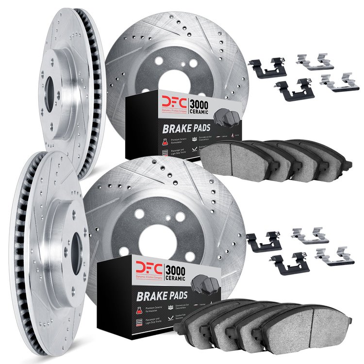 7314-13037 Drilled/Slotted Brake Rotor with 3000-Series Ceramic Brake Pads Kit & Hardware [Silver], 2006-2014 Subaru, Position: 