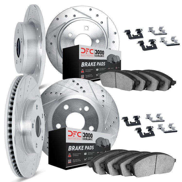 7314-32009 Drilled/Slotted Brake Rotor with 3000-Series Ceramic Brake Pads Kit & Hardware [Silver], Fits Select Mini, Position: 