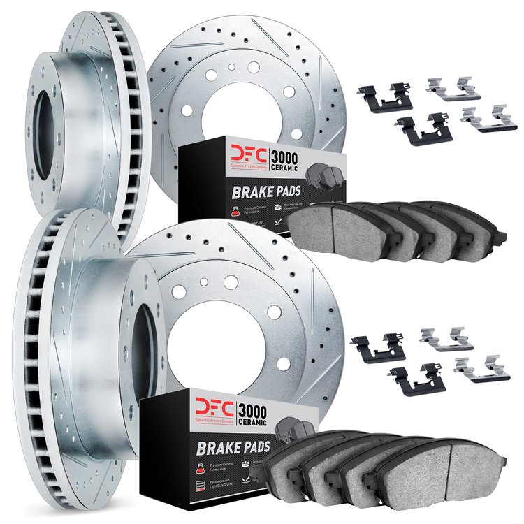7314-48008 Drilled/Slotted Brake Rotor with 3000-Series Ceramic Brake Pads Kit & Hardware [Silver], 2005-2005 GM, Position: Fron