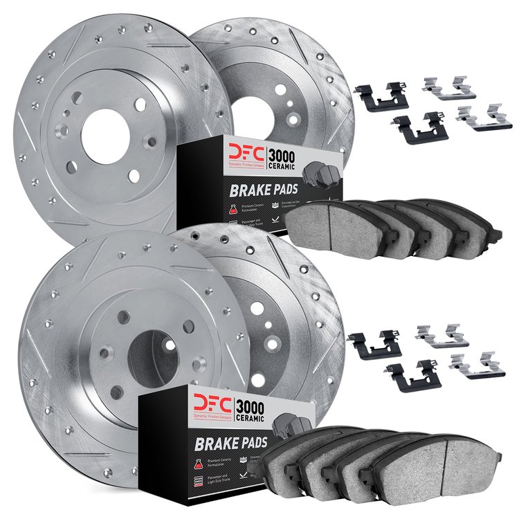 7314-67001 Drilled/Slotted Brake Rotor with 3000-Series Ceramic Brake Pads Kit & Hardware [Silver], 1980-1981 Infiniti/Nissan, P