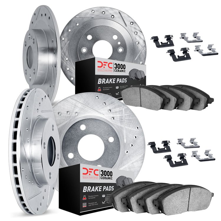 7314-80009 Drilled/Slotted Brake Rotor with 3000-Series Ceramic Brake Pads Kit & Hardware [Silver], 1990-1993 Ford/Lincoln/Mercu