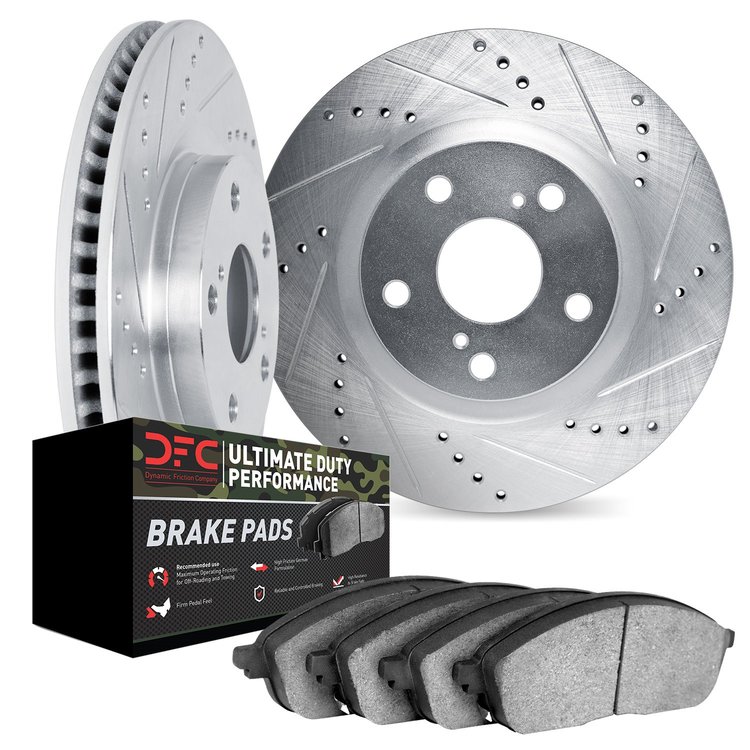 7402-40002 Drilled/Slotted Brake Rotors with Ultimate-Duty Brake Pads Kit [Silver], 1998-2002 Mopar, Position: Front