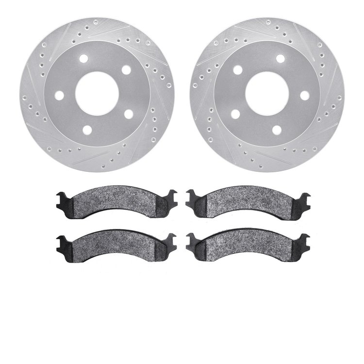 7402-40008 Drilled/Slotted Brake Rotors with Ultimate-Duty Brake Pads Kit [Silver], 2000-2001 Mopar, Position: Front
