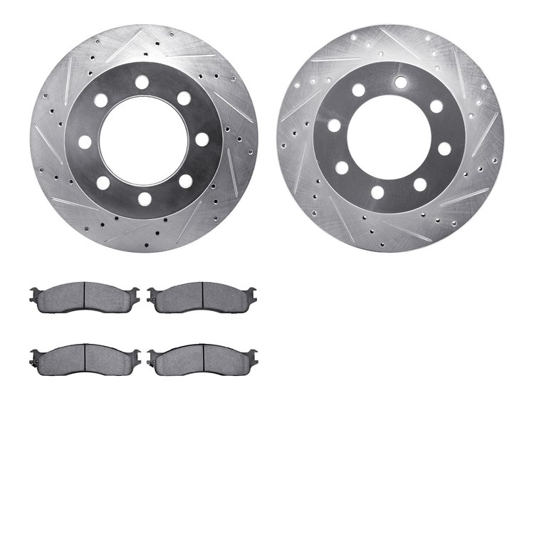 7402-40017 Drilled/Slotted Brake Rotors with Ultimate-Duty Brake Pads Kit [Silver], 2003-2008 Mopar, Position: Front