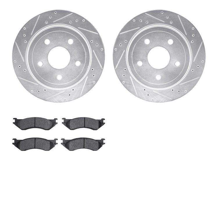 7402-40020 Drilled/Slotted Brake Rotors with Ultimate-Duty Brake Pads Kit [Silver], 2004-2006 Mopar, Position: Rear