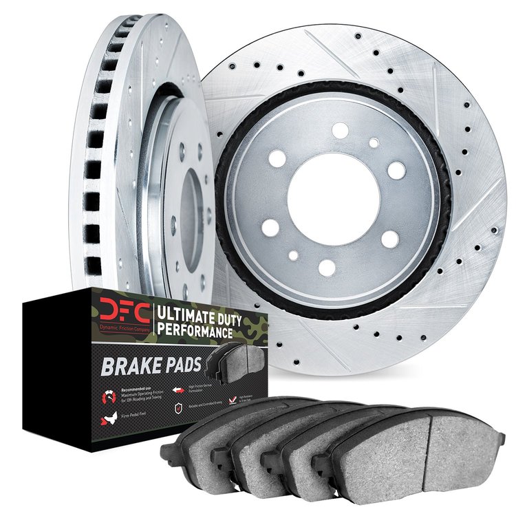7402-40027 Drilled/Slotted Brake Rotors with Ultimate-Duty Brake Pads Kit [Silver], Fits Select Mopar, Position: Rear