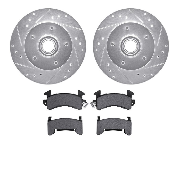 7402-47006 Drilled/Slotted Brake Rotors with Ultimate-Duty Brake Pads Kit [Silver], 1979-1981 GM, Position: Front