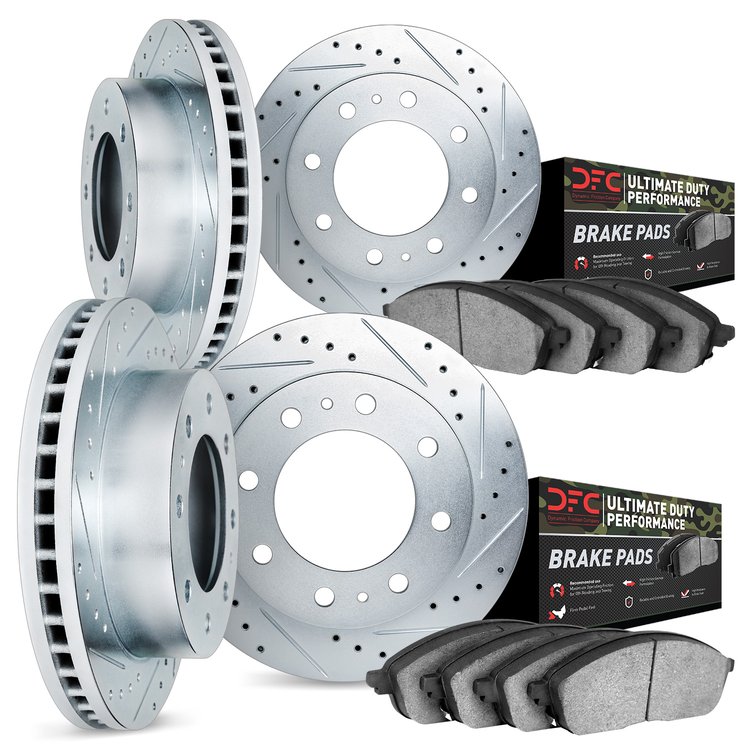 7404-40006 Drilled/Slotted Brake Rotors with Ultimate-Duty Brake Pads Kit [Silver], 2003-2008 Mopar, Position: Front and Rear