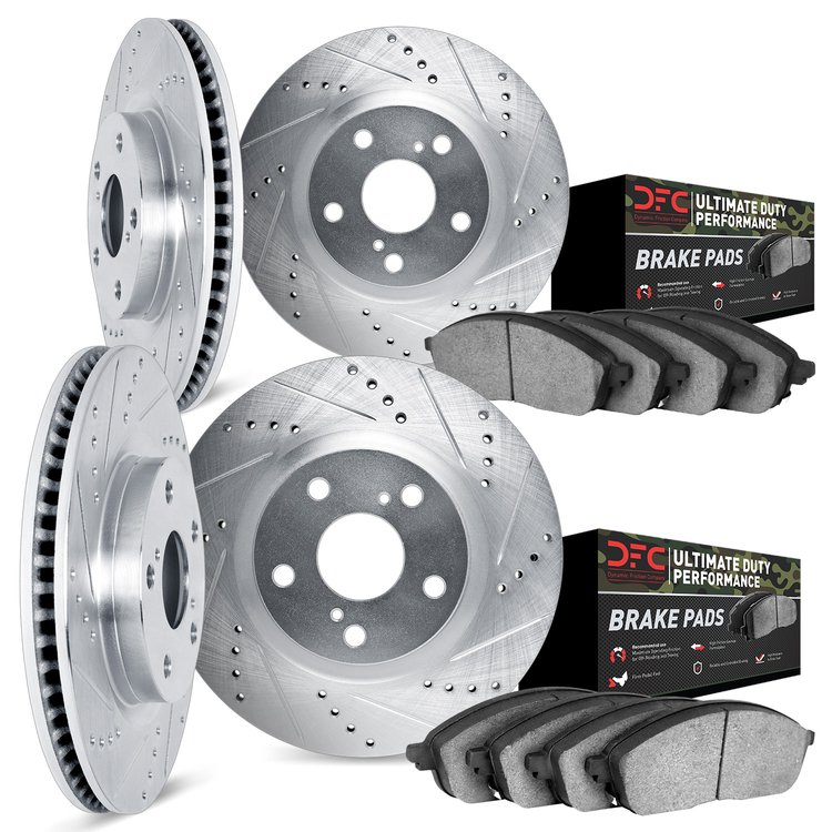 7404-42004 Drilled/Slotted Brake Rotors with Ultimate-Duty Brake Pads Kit [Silver], Fits Select Mopar, Position: Front and Rear