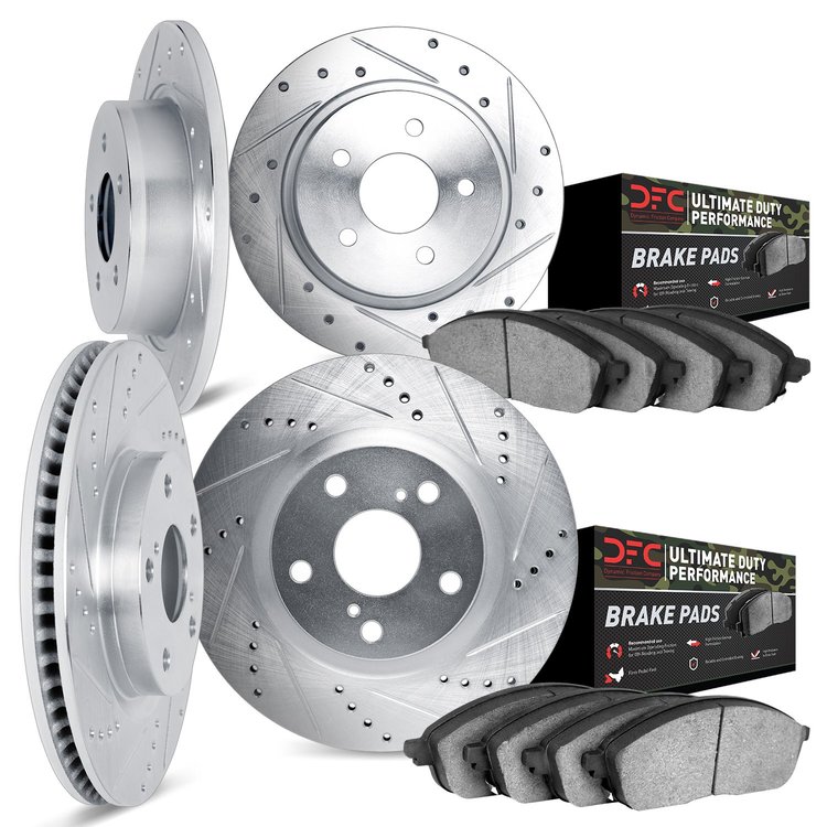 7404-42007 Drilled/Slotted Brake Rotors with Ultimate-Duty Brake Pads Kit [Silver], Fits Select Mopar, Position: Front and Rear