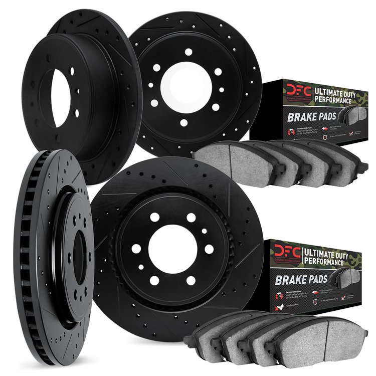 7404-67004 Drilled/Slotted Brake Rotors with Ultimate-Duty Brake Pads Kit [Silver], 2007-2015 Infiniti/Nissan, Position: Front a