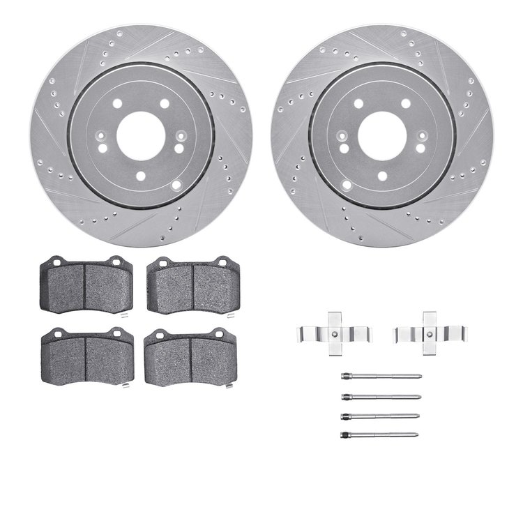 7412-03001 Drilled/Slotted Brake Rotors with Ultimate-Duty Brake Pads Kit & Hardware [Silver], 2010-2016 Kia/Hyundai/Genesis, Po
