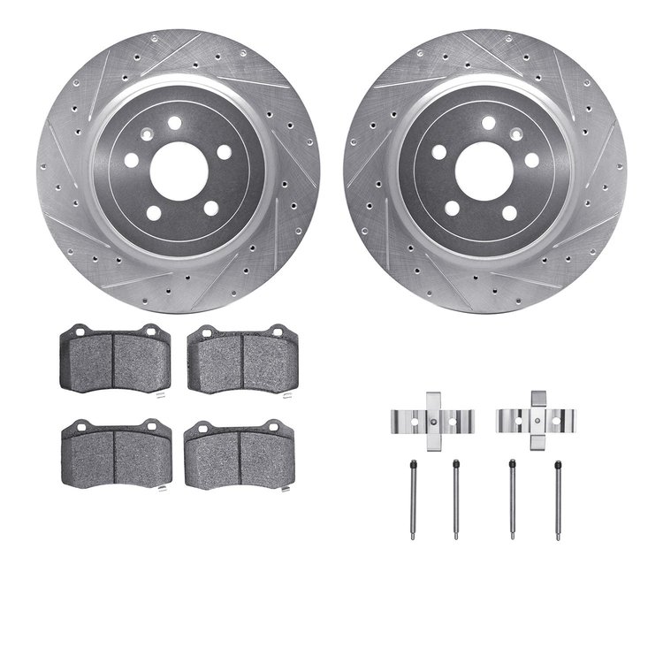 7412-26001 Drilled/Slotted Brake Rotors with Ultimate-Duty Brake Pads Kit & Hardware [Silver], 2012-2020 Tesla, Position: Rear