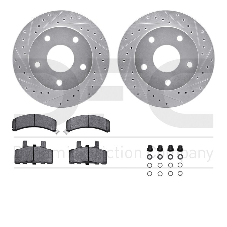 7412-40004 Drilled/Slotted Brake Rotors with Ultimate-Duty Brake Pads Kit & Hardware [Silver], 1994-1999 Mopar, Position: Front
