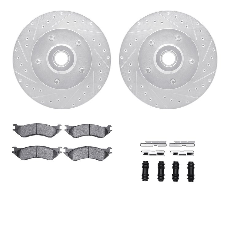 7412-40012 Drilled/Slotted Brake Rotors with Ultimate-Duty Brake Pads Kit & Hardware [Silver], 2003-2003 Mopar, Position: Front
