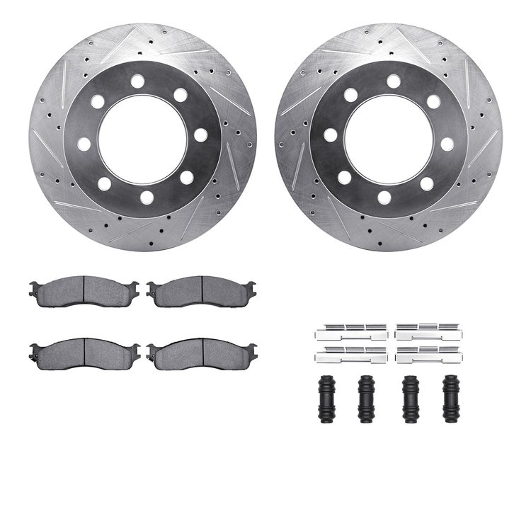 7412-40016 Drilled/Slotted Brake Rotors with Ultimate-Duty Brake Pads Kit & Hardware [Silver], 2003-2008 Mopar, Position: Front