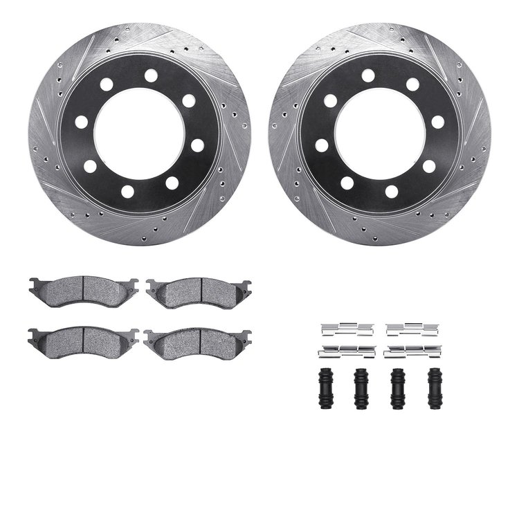 7412-40017 Drilled/Slotted Brake Rotors with Ultimate-Duty Brake Pads Kit & Hardware [Silver], 2003-2008 Mopar, Position: Rear