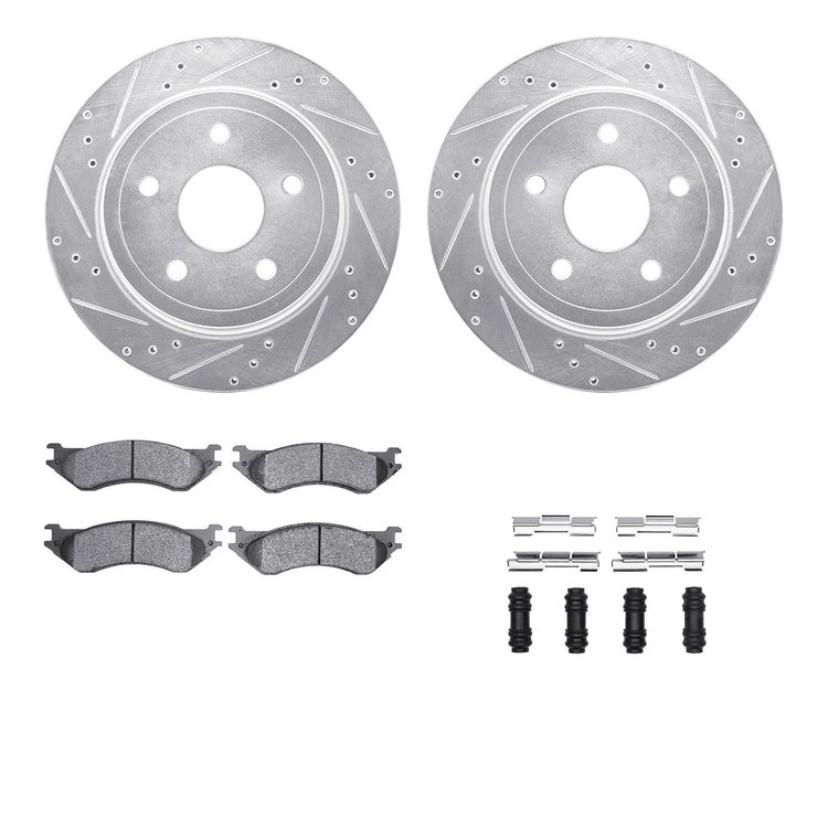 7412-40019 Drilled/Slotted Brake Rotors with Ultimate-Duty Brake Pads Kit & Hardware [Silver], 2004-2006 Mopar, Position: Rear