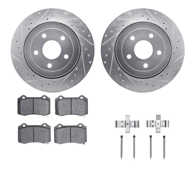 7412-42004 Drilled/Slotted Brake Rotors with Ultimate-Duty Brake Pads Kit & Hardware [Silver], 2006-2010 Mopar, Position: Rear
