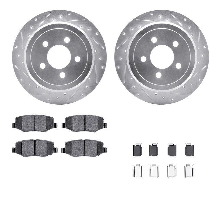 7412-42026 Drilled/Slotted Brake Rotors with Ultimate-Duty Brake Pads Kit & Hardware [Silver], 2007-2012 Mopar, Position: Rear