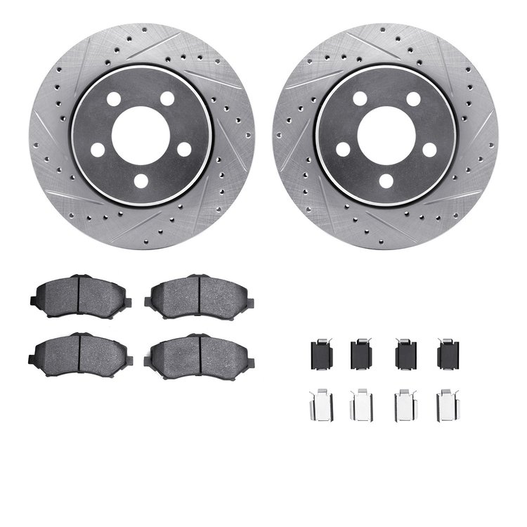 7412-42027 Drilled/Slotted Brake Rotors with Ultimate-Duty Brake Pads Kit & Hardware [Silver], 2007-2012 Mopar, Position: Front