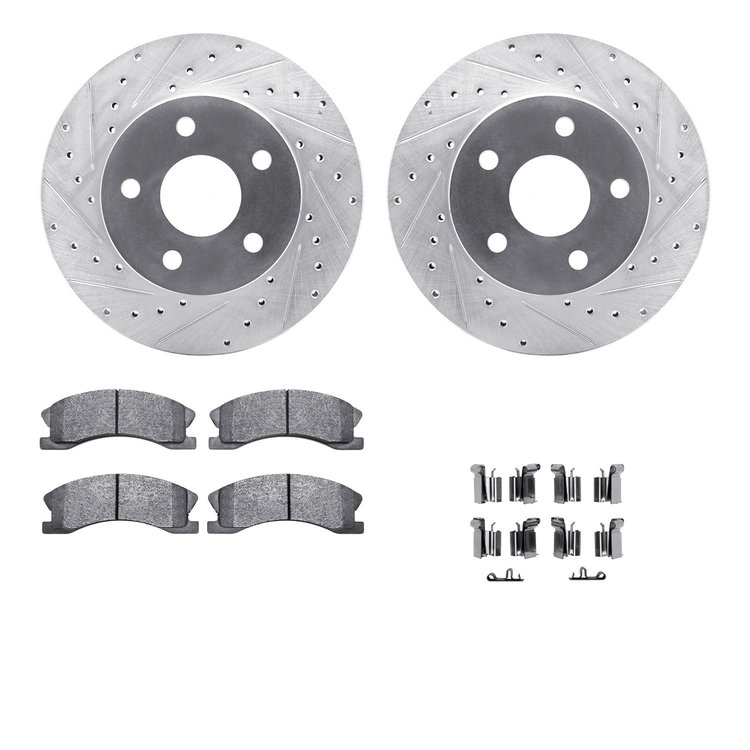 7412-42033 Drilled/Slotted Brake Rotors with Ultimate-Duty Brake Pads Kit & Hardware [Silver], 1999-2004 Mopar, Position: Front