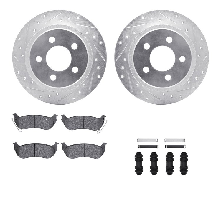 7412-42036 Drilled/Slotted Brake Rotors with Ultimate-Duty Brake Pads Kit & Hardware [Silver], 2003-2007 Mopar, Position: Rear