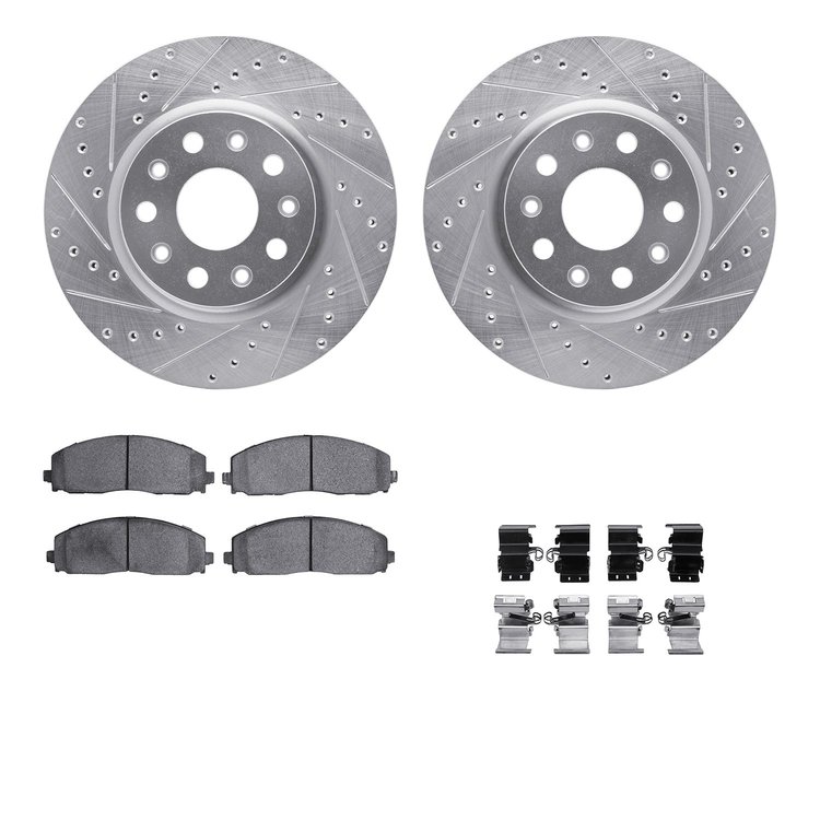 7412-42045 Drilled/Slotted Brake Rotors with Ultimate-Duty Brake Pads Kit & Hardware [Silver], Fits Select Mopar, Position: Fron