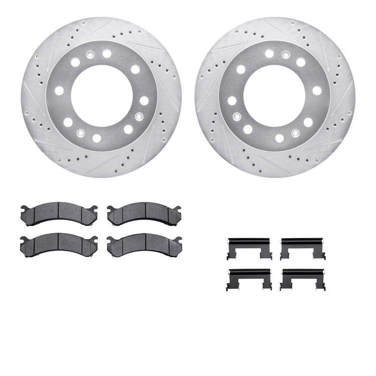 7412-46008 Drilled/Slotted Brake Rotors with Ultimate-Duty Brake Pads Kit & Hardware [Silver], 2006-2011 GM, Position: Front