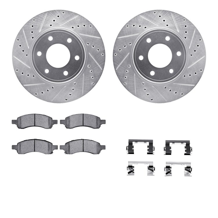 7412-47014 Drilled/Slotted Brake Rotors with Ultimate-Duty Brake Pads Kit & Hardware [Silver], 2006-2009 GM, Position: Front