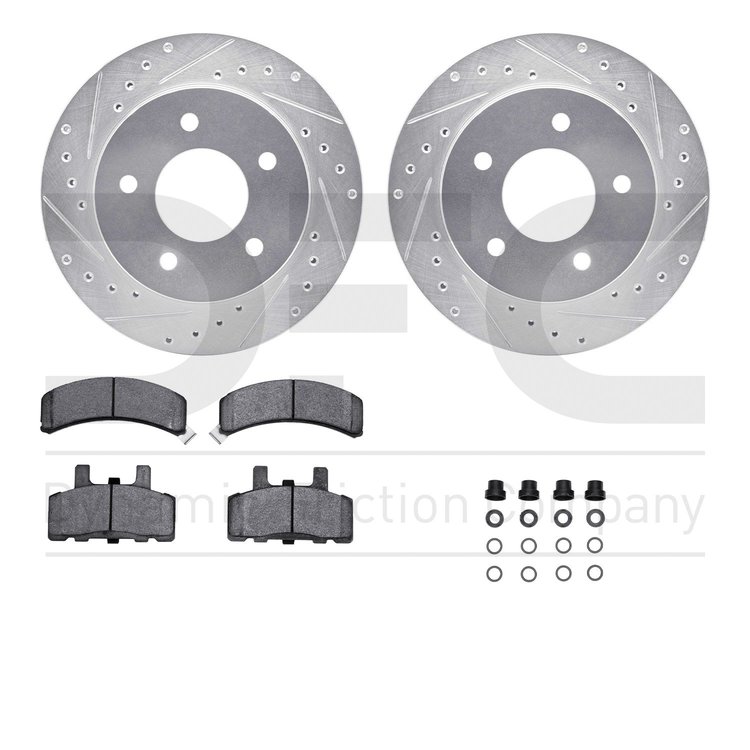 7412-48011 Drilled/Slotted Brake Rotors with Ultimate-Duty Brake Pads Kit & Hardware [Silver], 1990-2002 GM, Position: Front