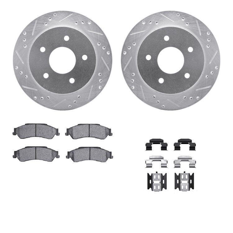 7412-48019 Drilled/Slotted Brake Rotors with Ultimate-Duty Brake Pads Kit & Hardware [Silver], 1997-2005 GM, Position: Rear