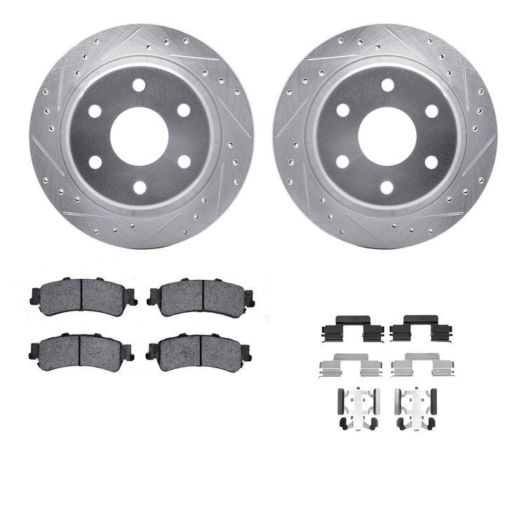 7412-48023 Drilled/Slotted Brake Rotors with Ultimate-Duty Brake Pads Kit & Hardware [Silver], 2003-2007 GM, Position: Rear