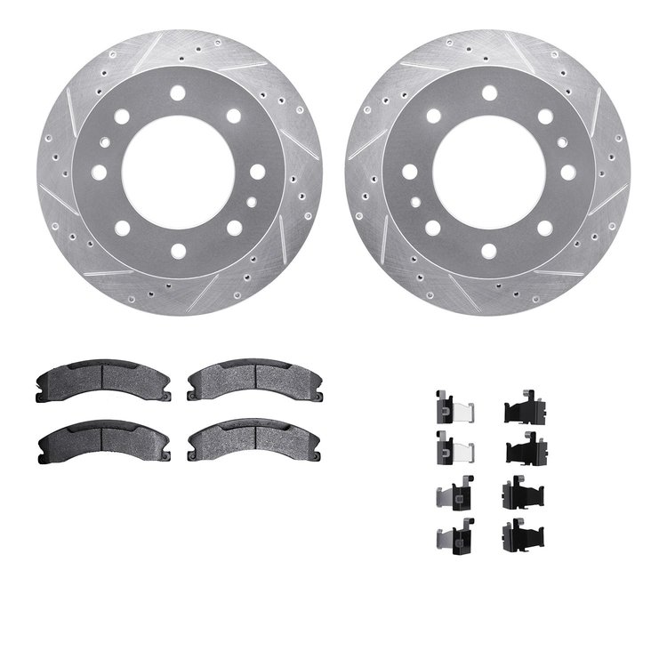7412-48045 Drilled/Slotted Brake Rotors with Ultimate-Duty Brake Pads Kit & Hardware [Silver], 2011-2019 GM, Position: Rear