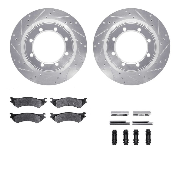 7412-54055 Drilled/Slotted Brake Rotors with Ultimate-Duty Brake Pads Kit & Hardware [Silver], 1999-2007 Ford/Lincoln/Mercury/Ma
