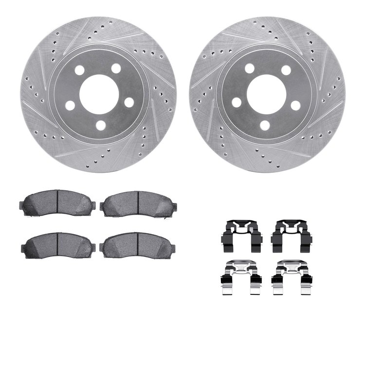 7412-54058 Drilled/Slotted Brake Rotors with Ultimate-Duty Brake Pads Kit & Hardware [Silver], 2001-2005 Ford/Lincoln/Mercury/Ma