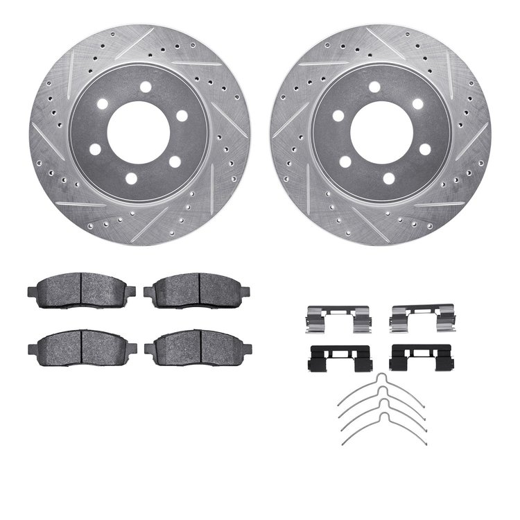 7412-54073 Drilled/Slotted Brake Rotors with Ultimate-Duty Brake Pads Kit & Hardware [Silver], 2004-2008 Ford/Lincoln/Mercury/Ma