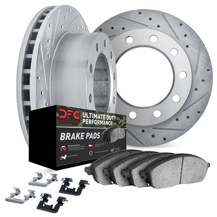 7412-54112 Drilled/Slotted Brake Rotors with Ultimate-Duty Brake Pads Kit & Hardware [Silver], Fits Select Ford/Lincoln/Mercury/