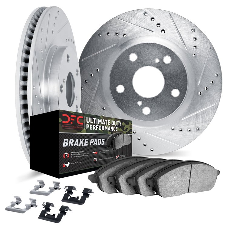 7412-66004 Drilled/Slotted Brake Rotors with Ultimate-Duty Brake Pads Kit & Hardware [Silver], 1982-1983 GM, Position: Front