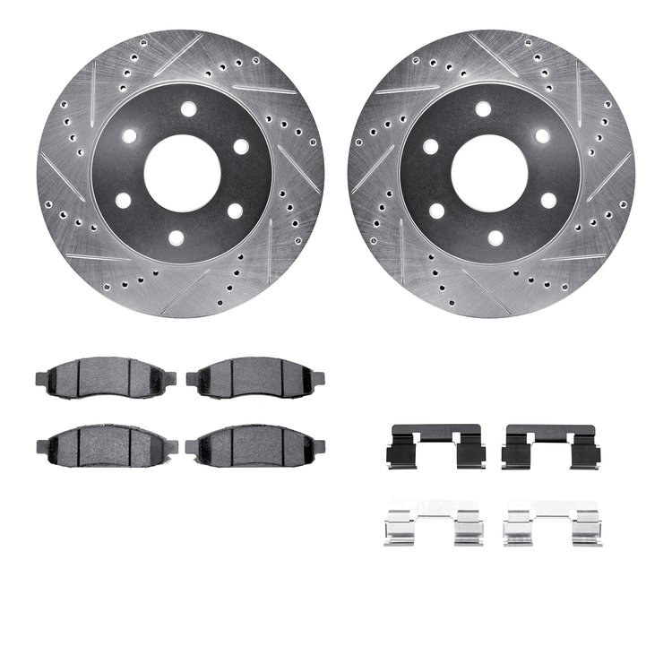 7412-67002 Drilled/Slotted Brake Rotors with Ultimate-Duty Brake Pads Kit & Hardware [Silver], 2004-2005 Infiniti/Nissan, Positi