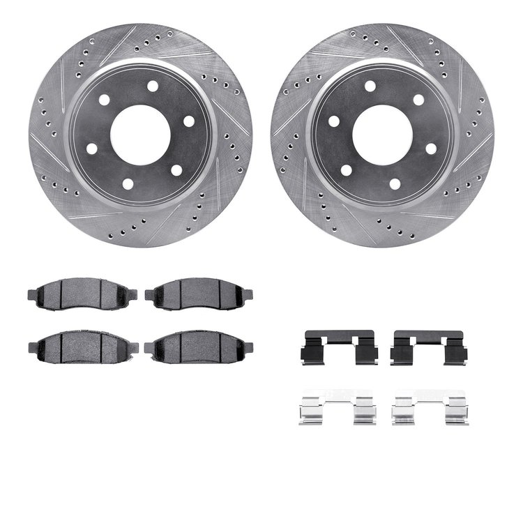 7412-67003 Drilled/Slotted Brake Rotors with Ultimate-Duty Brake Pads Kit & Hardware [Silver], 2005-2007 Infiniti/Nissan, Positi