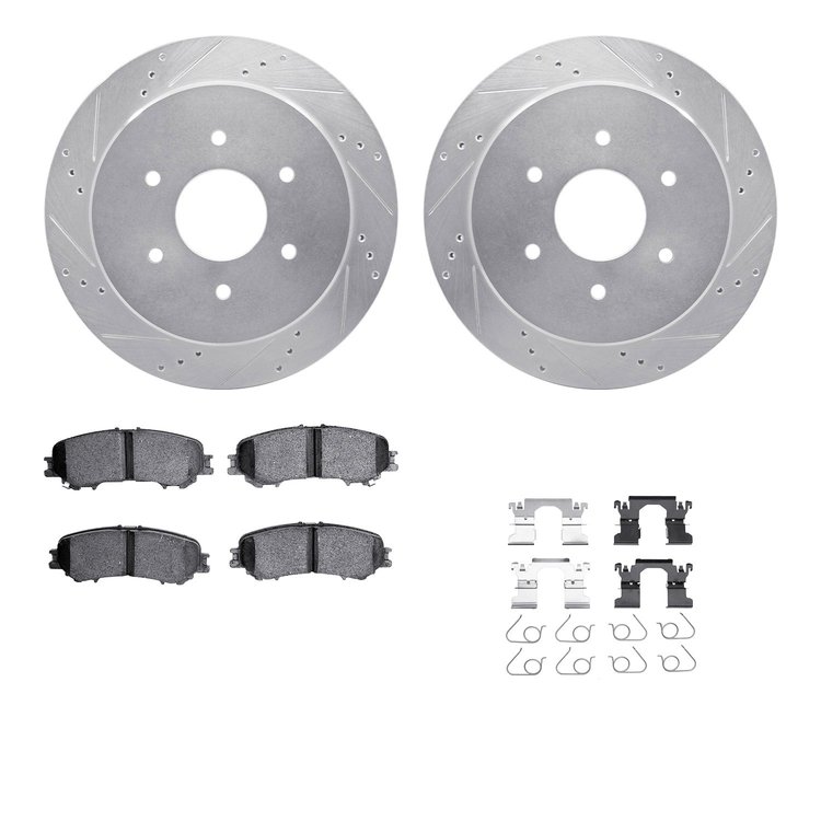 7412-67010 Drilled/Slotted Brake Rotors with Ultimate-Duty Brake Pads Kit & Hardware [Silver], Fits Select Infiniti/Nissan, Posi