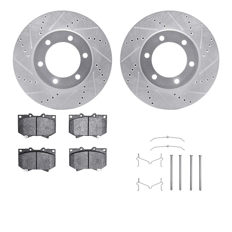 7412-76013 Drilled/Slotted Brake Rotors with Ultimate-Duty Brake Pads Kit & Hardware [Silver], 2000-2002 Lexus/Toyota/Scion, Pos