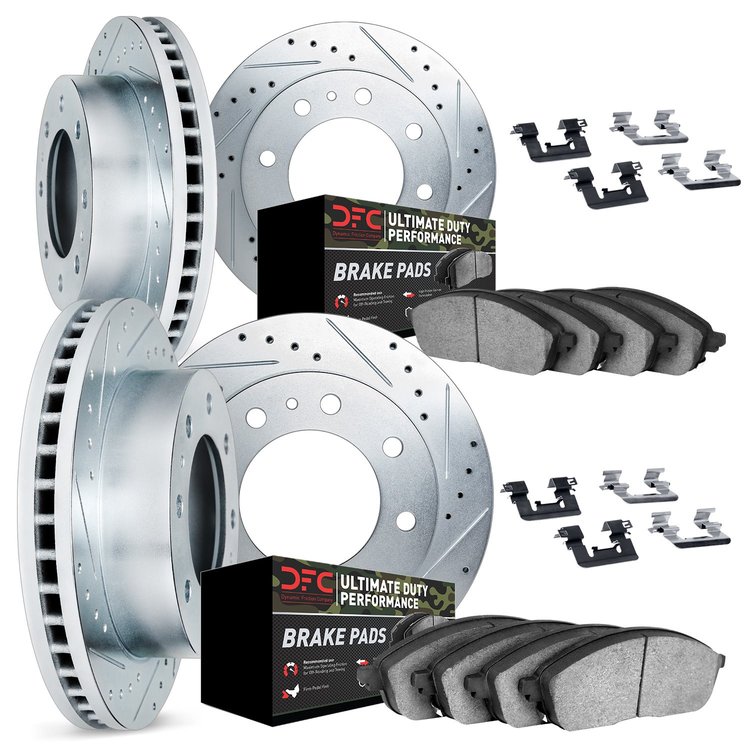 7414-40007 Drilled/Slotted Brake Rotors with Ultimate-Duty Brake Pads Kit & Hardware [Silver], 2009-2018 Mopar, Position: Front 