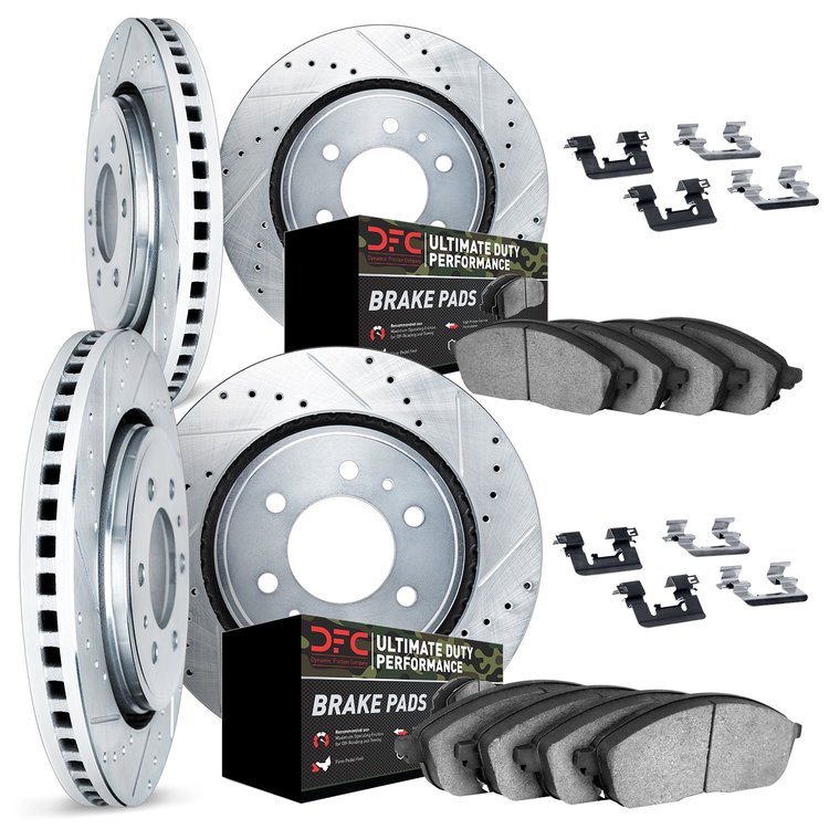 7414-48015 Drilled/Slotted Brake Rotors with Ultimate-Duty Brake Pads Kit & Hardware [Silver], 2007-2008 GM, Position: Front and