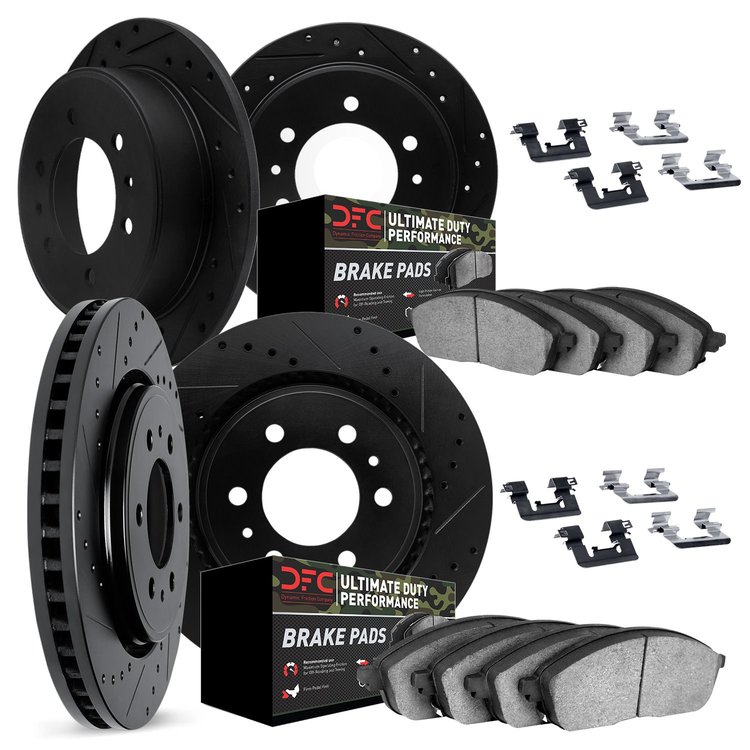 7414-67002 Drilled/Slotted Brake Rotors with Ultimate-Duty Brake Pads Kit & Hardware [Silver], 2005-2007 Infiniti/Nissan, Positi