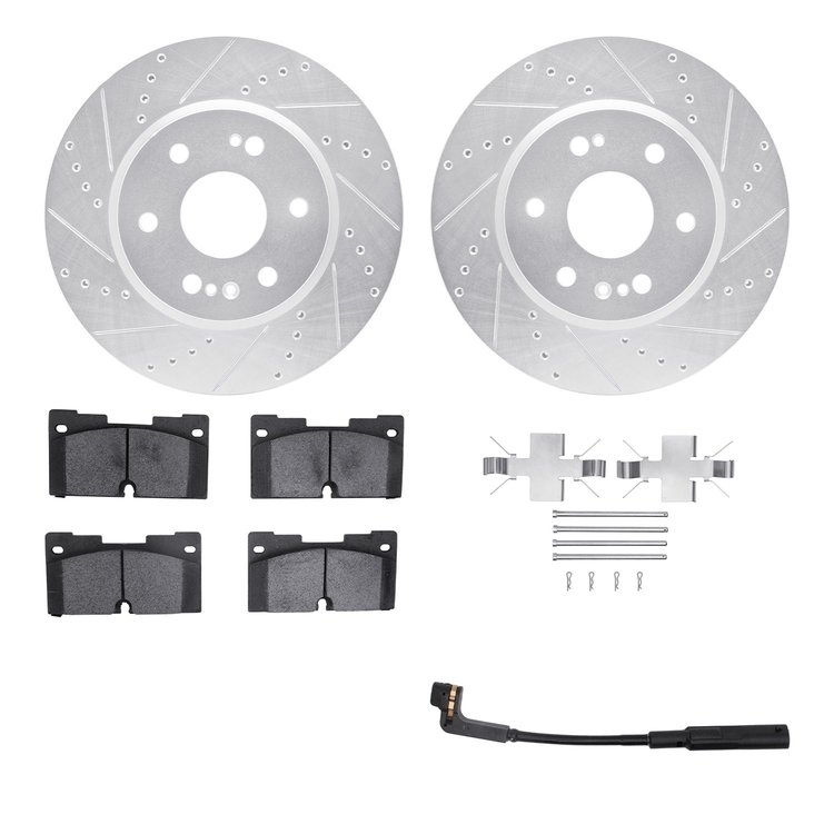 7422-47001 Drilled/Slotted Brake Rotors with Ultimate-Duty Brake Pads/Sensor & Hardware Kit [Silver], Fits Select GM, Position: 