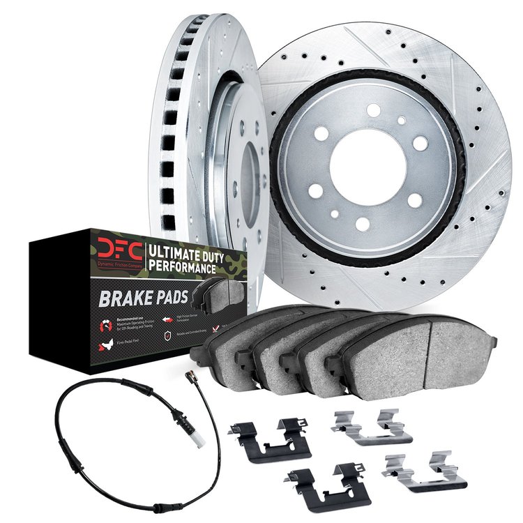 7422-47002 Drilled/Slotted Brake Rotors with Ultimate-Duty Brake Pads/Sensor & Hardware Kit [Silver], Fits Select GM, Position: 