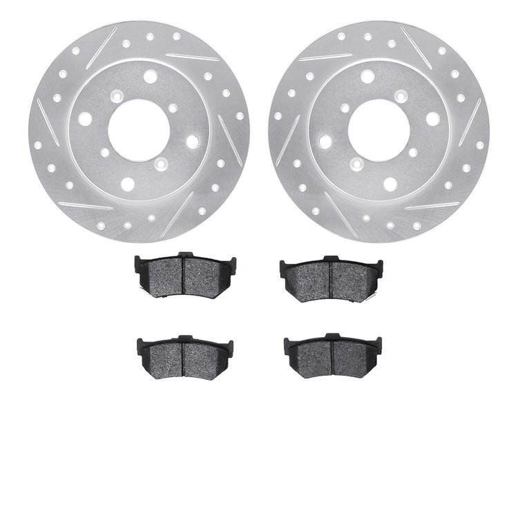 7502-01020 Drilled/Slotted Brake Rotors w/5000 Advanced Brake Pads Kit [Silver], 1989-1994 Suzuki, Position: Rear